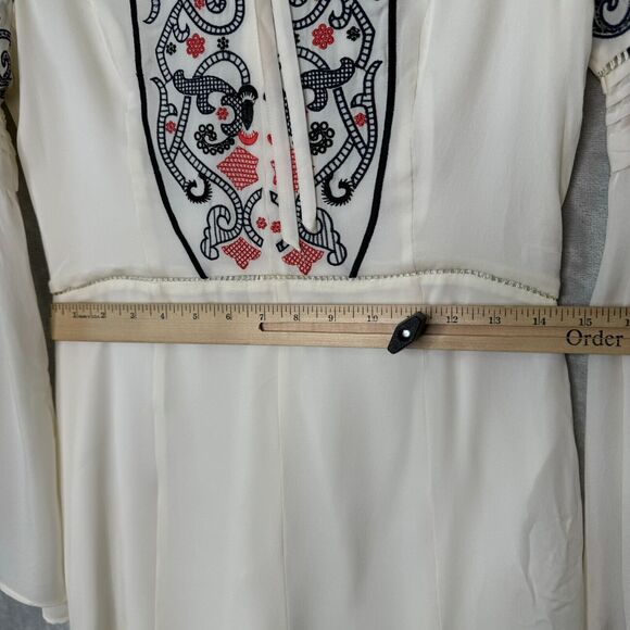 Parker Mini Dress Womens Small Ivory Silk Embroidered Boho Bell Sleeve Keyhole - Picture 12 of 14